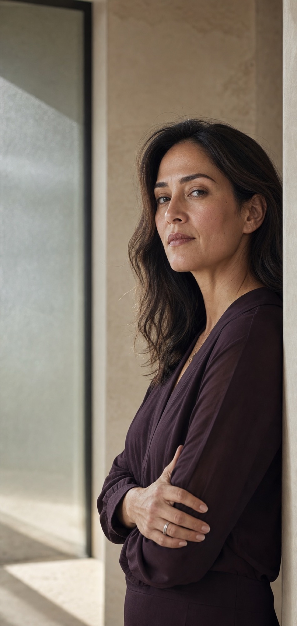Editorial portrait of a composed woman in soft architectural light